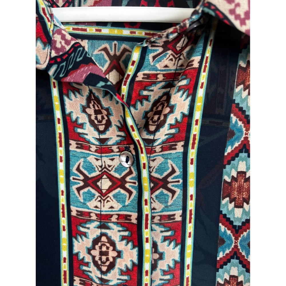 Soft Surroundings Navy Tribal iKat Print Button Up Tunic Top Kimono Jacket Sz XS - Picture 8 of 10